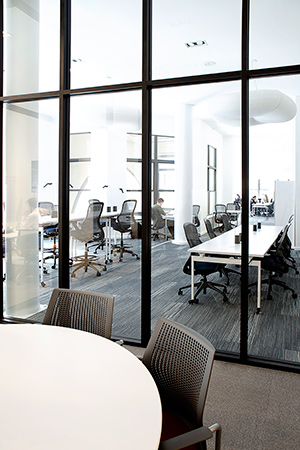 Civic Hall features a mix of open and enclosed workspaces and liberal use of glass to share the daylight that streams in from the huge windows. |
Featured: ReGeneration by Knoll Work and High Task Chairs, Antenna Workspaces Tables, Sparrow Desktop Lights, MultiGeneration by Knoll Hybird Chairs